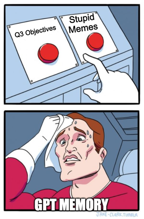 The "two buttons" meme with the options of "Q3 Objectives" and "Stupid Memes"